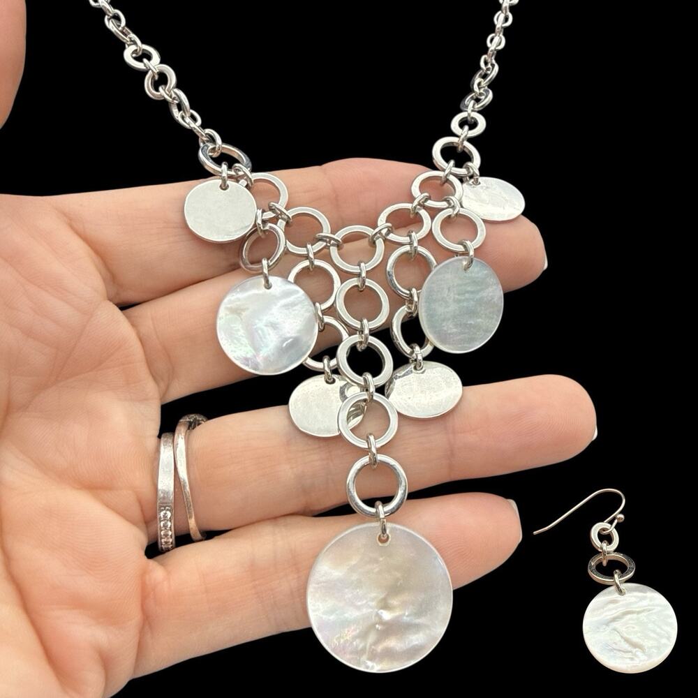 LIA SOPHIA "FROSTED" MOTHER-OF-PEARL & SILVER NECKLACE & Earrings Retired